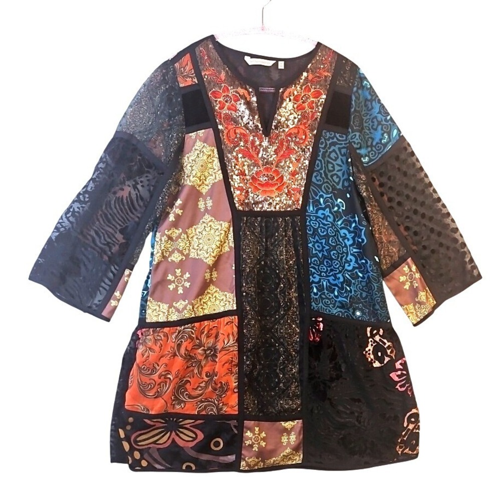 Soft Surroundings Adassa Tunic Top M Boho Velvet Burnout Sequin Patchwork #571 - Picture 3 of 14